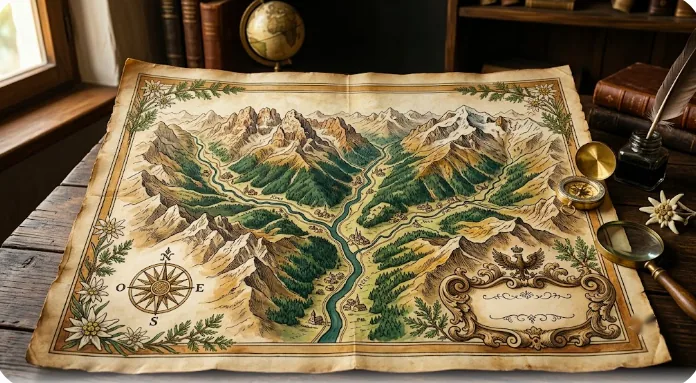 Mappa illustrata in stile antico delle valli del fiume Noce