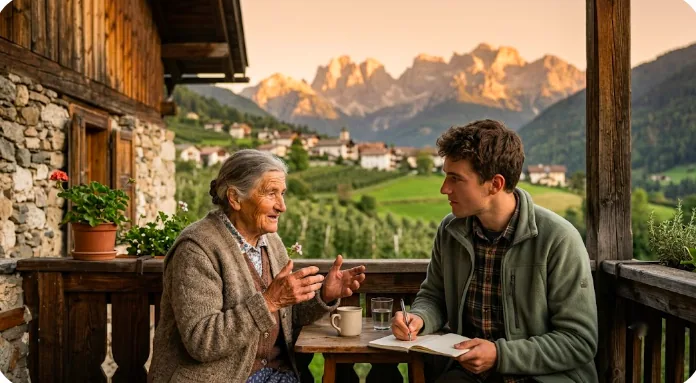 Un'anziana e un ragazzo si parlano sul poggiolo di una casa alpina delle Valli del Noce, i monti sullo sfondo